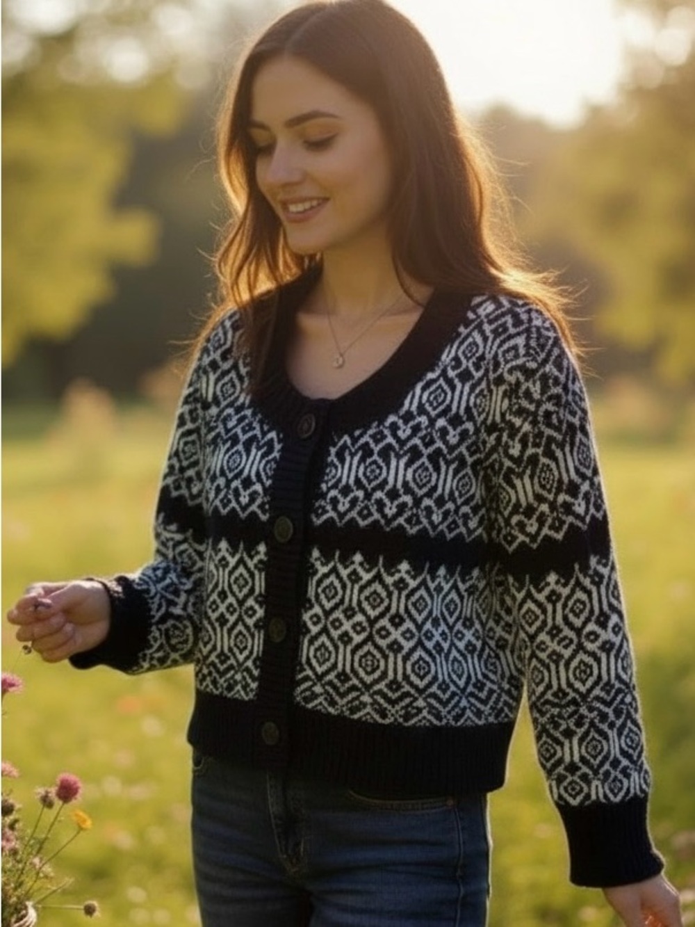 Vintage Lambs Wool Cardigan Sweater Carroll Reed Women’s Size S Black White